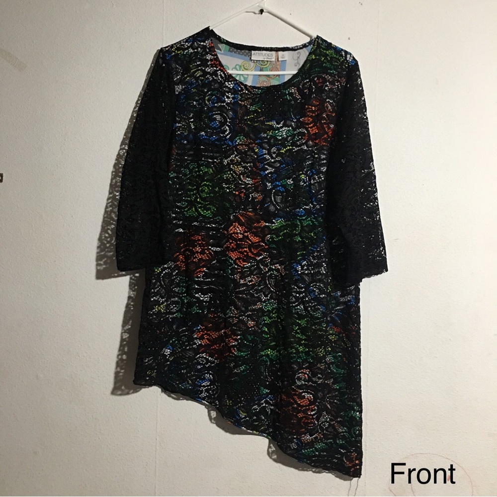 Attitudes by Renee Lace Layered Asymmetric Tunic Blouse: Size 1X